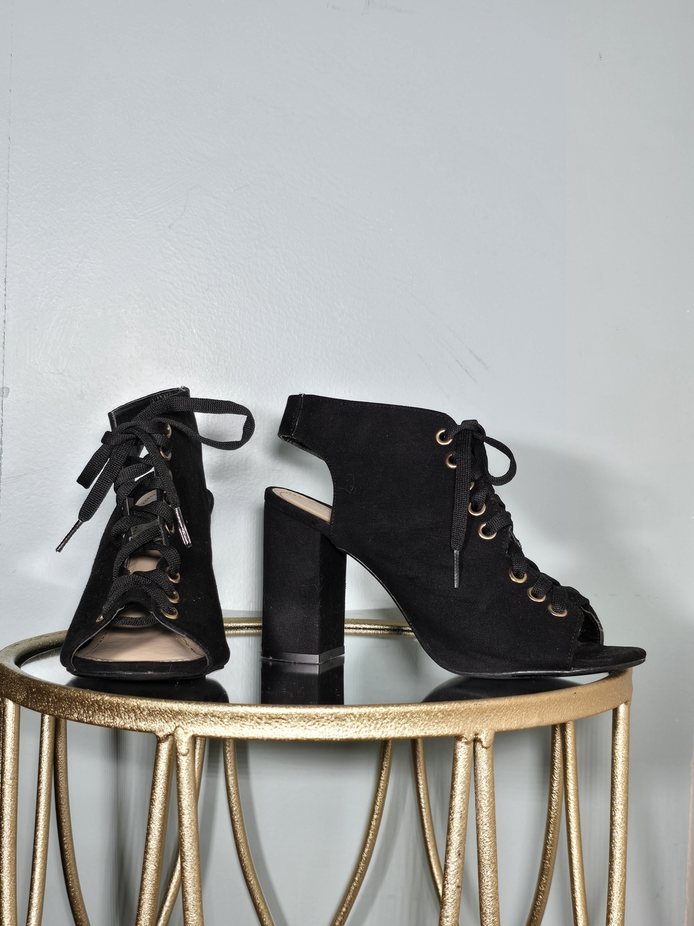 Black Lace-Up Peep-Toe Block Heel Sandals